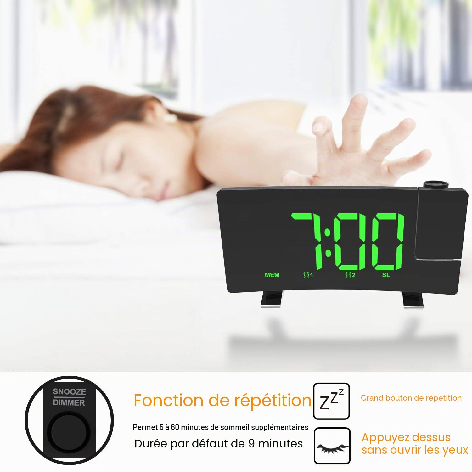 Radio Réveil à Projection, Réveil Projection Plafond 180°, Horloge Numérique FM USB avec Double Alarmes, Snooze, Minuteur de Mise en Veille, 12/24h, Grand écran LED avec Gradateur (Vert)