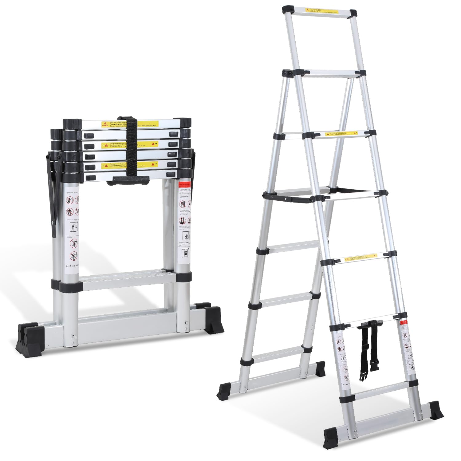 Fiqops Escalera telescópica de 1,7 m + 2,0 m, 5 + 6 peldaños Marco A, Carga máxima de 150 kg/330 Libras, Escalera Extensible de Aluminio para Reparaciones de Techo, tamaño Plegado 65 cm