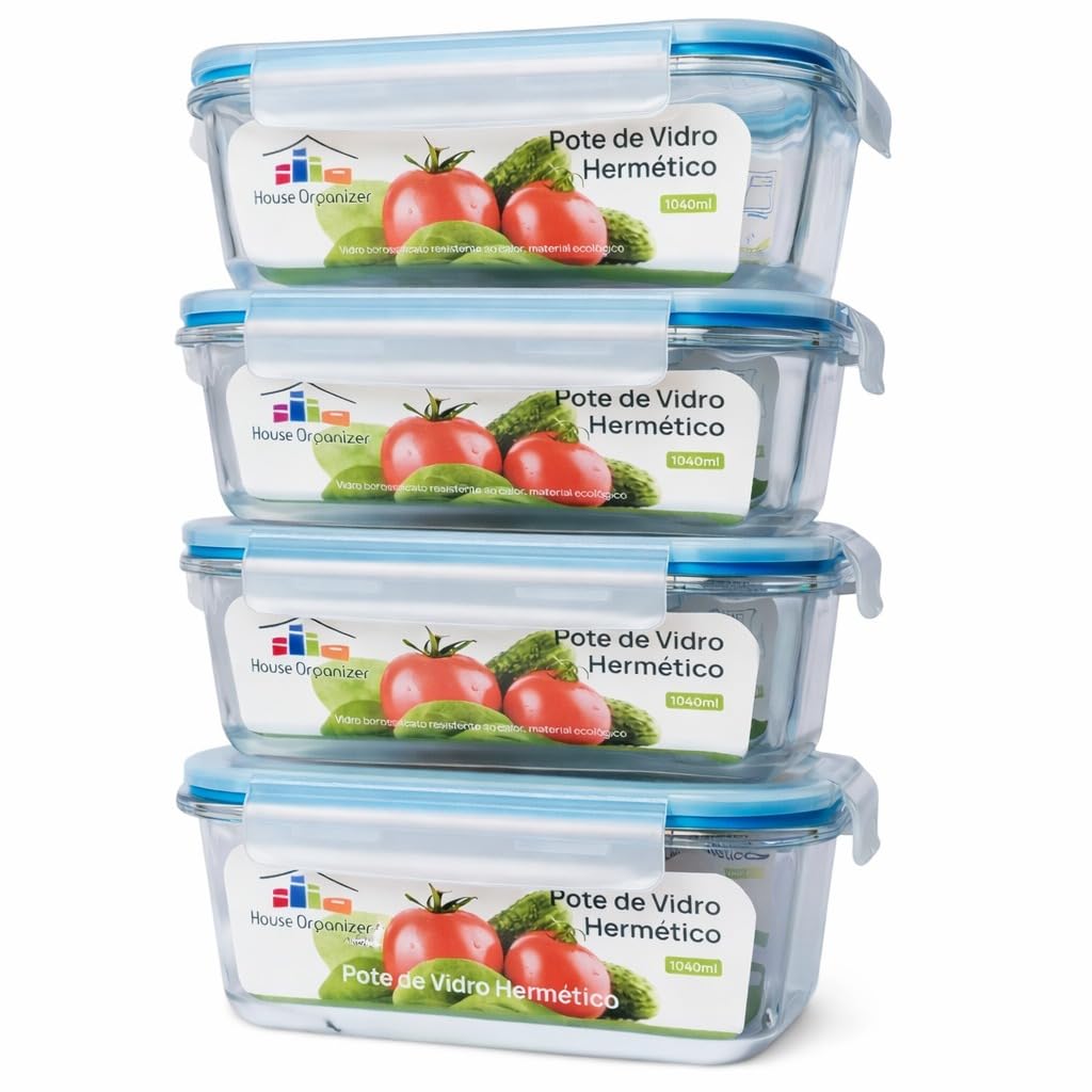 House Organizer KIT 4 Potes de Vidro Retangular com Tampa Hermética 1040ml Cor:Azul