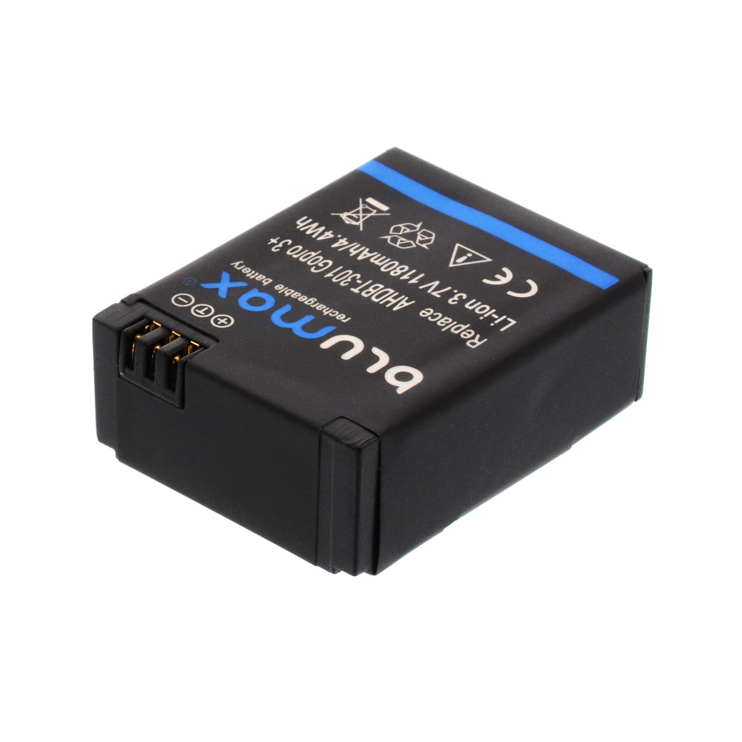 Blumax Akku 1180mAh - für GoPro Hero 3 Plus 3+ / 3 Black, Silver, White - AHDBT-201, AHDBT-301, AHDBT-302, AHBBP-301, ACARC-001, AWALC-001