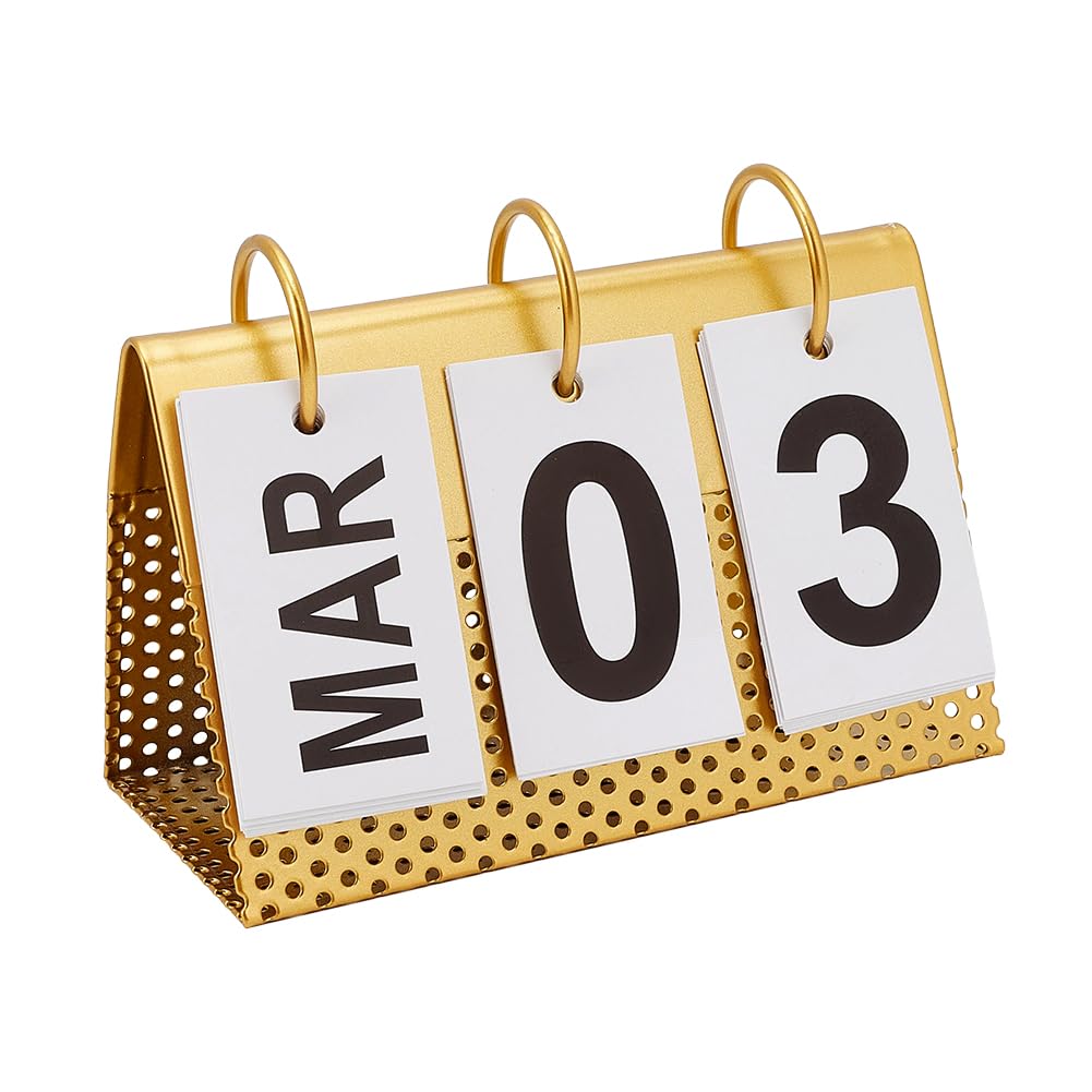 Calendario perpetuo vintage de metal dorado con tapa giratoria, calendario de escritorio diario, accesorios de escritorio rústicos para escritorio, oficina, decoración del hogar