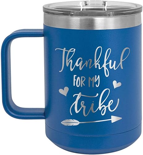 Taza de café con tapa deslizante THANKFUL FOR MY TRIBE de 15 onzas | Taza de café de viaje aislada | Ideas de regalo de cumpleaños o Navidad de