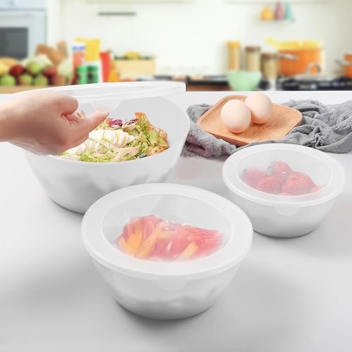 Miniatura 7 de Wehome Tazones de mezcla con juego de tapas, cuencos de plástico para preparar cocina, servir y almacenar, juego de 3 tazones y 3 tapas, cuencos