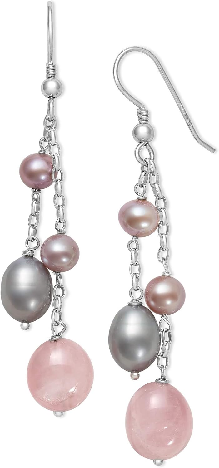 Belacqua Natural Aquamarine or Rose Quartz Cultured Freshwater Pearl Layered Station Necklace in Sterling Silver, Multi-Strand 18" Rolo Chain, Real Pearl Jewelry for Women, Gift Box Included - Image 3