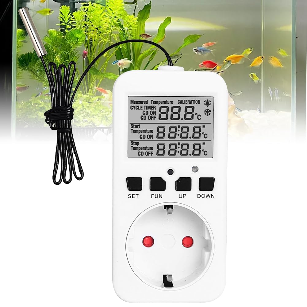 CEWROM Thermostat Steckdose, 16A 230V Heizungsthermostat Digital Temperaturregler mit Fühler, Thermostat Heizung für Gewächshaus Terrarium Heizung Kühlung Temperaturgesteuerte Stecker
