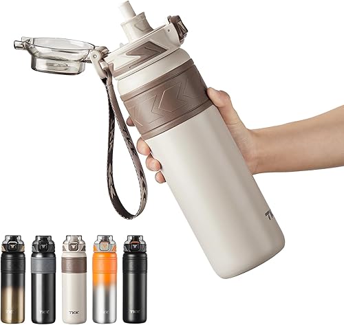 TKK Botella de agua aislada de 30 oz con popote, termo de acero inoxidable de doble pared al vacío con correa, reutilizable de metal para bebidas