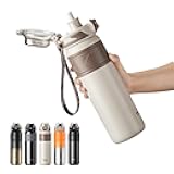 TKK 30 oz Insulated Water Bottle with Straw, Leak Proof Stainless Steel Double Wall Vacuum Bottles with Strap, Reusable Metal Sports Water Bottle for Hot & Cold Drinks, Dishwasher Safe, Khaki