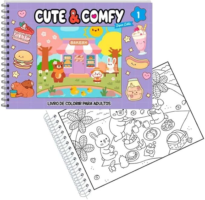 Caderno de Colorir para Adultos Cute & Comfy, Capa Dura Holográfica, Espiral, Desenhos Kawaii (Rosa)