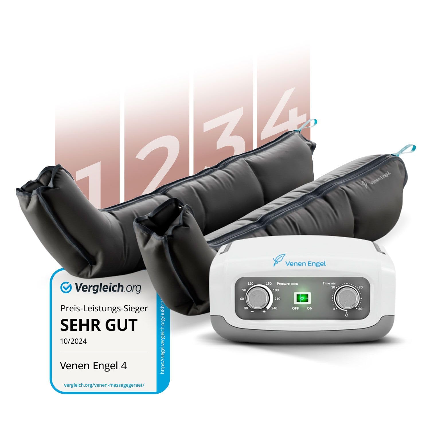 Vein Angel ® 4 appareil de massage par glissement avec bottes, 4 coussins d'air, durée & pression réglables facilement