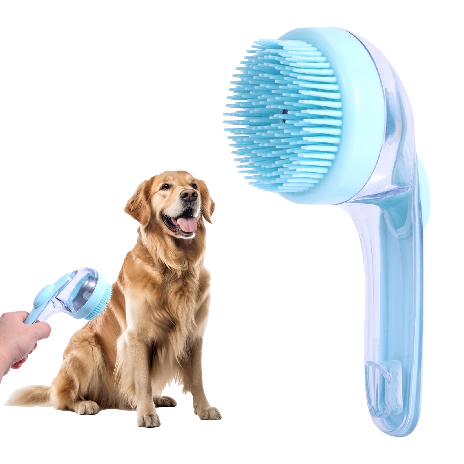BOXOB Dog Bath Brush with Dispenser Shampoo, Shower Pet for Shedding and Grooming Brush Massage Dogs and Cats Long Hair Short Hair Cleaning Supplies (Blue)