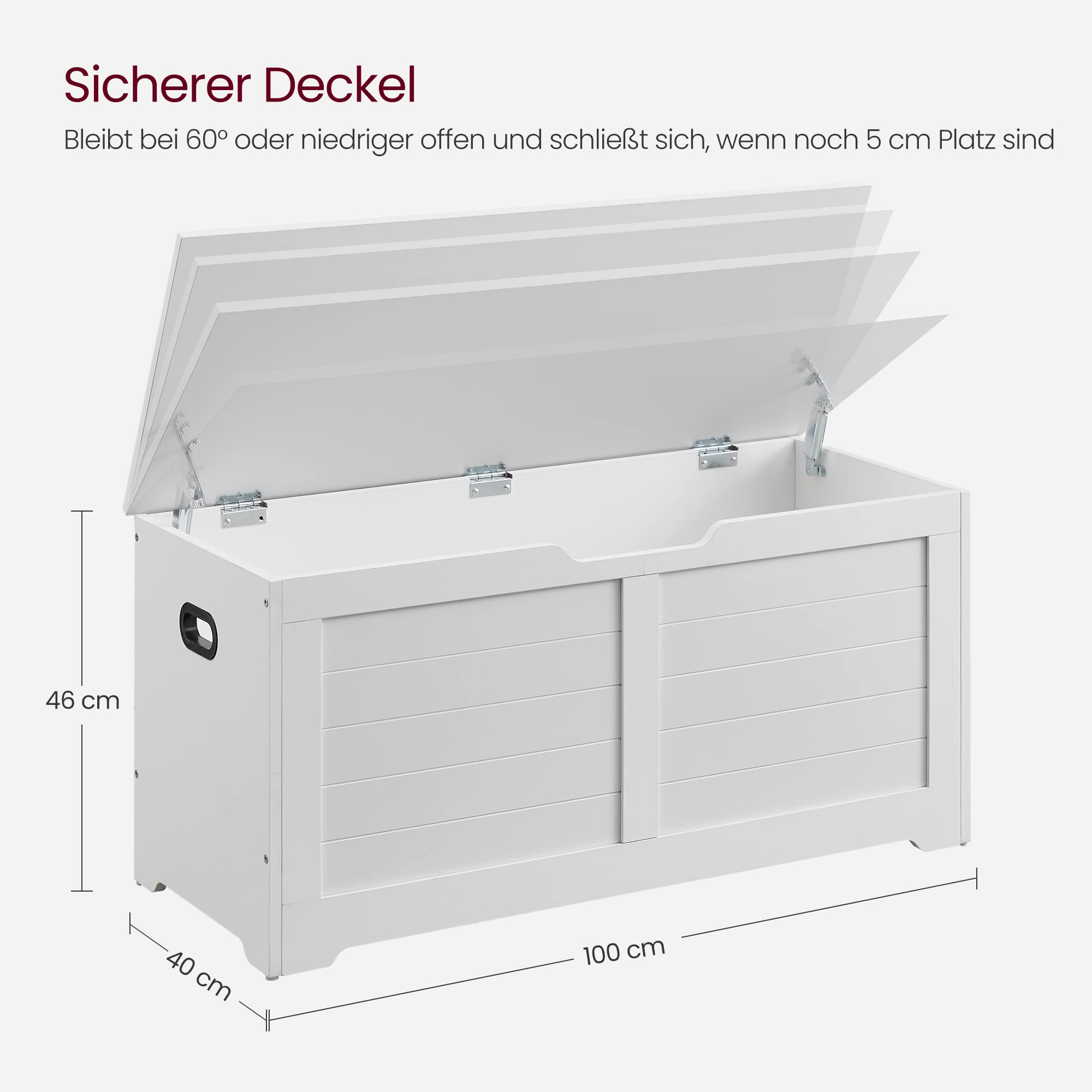 VASAGLE Schuhbank, Sitzbank mit Stauraum, Sitztruhe mit 2 Sicherheitsscharnieren, Aufbewahrungsschrank, Landhausstil, 40 x 100 x 46 cm, für Flur, Schlafzimmer, Wohnzimmer, wolkenweiß LSB061T10