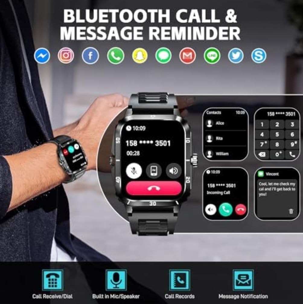 SENBONO KT71 Smartwatch display showing time, date, steps, and weather.