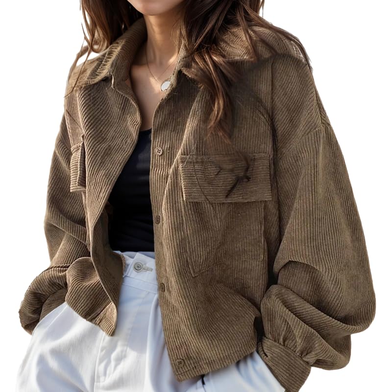 La mejor selección de Chaquetas para Mujer comprados en linea. 43 Chaquetas casuales de pana para mujer, de manga larga, con botones, estilo casual, Marrón, M