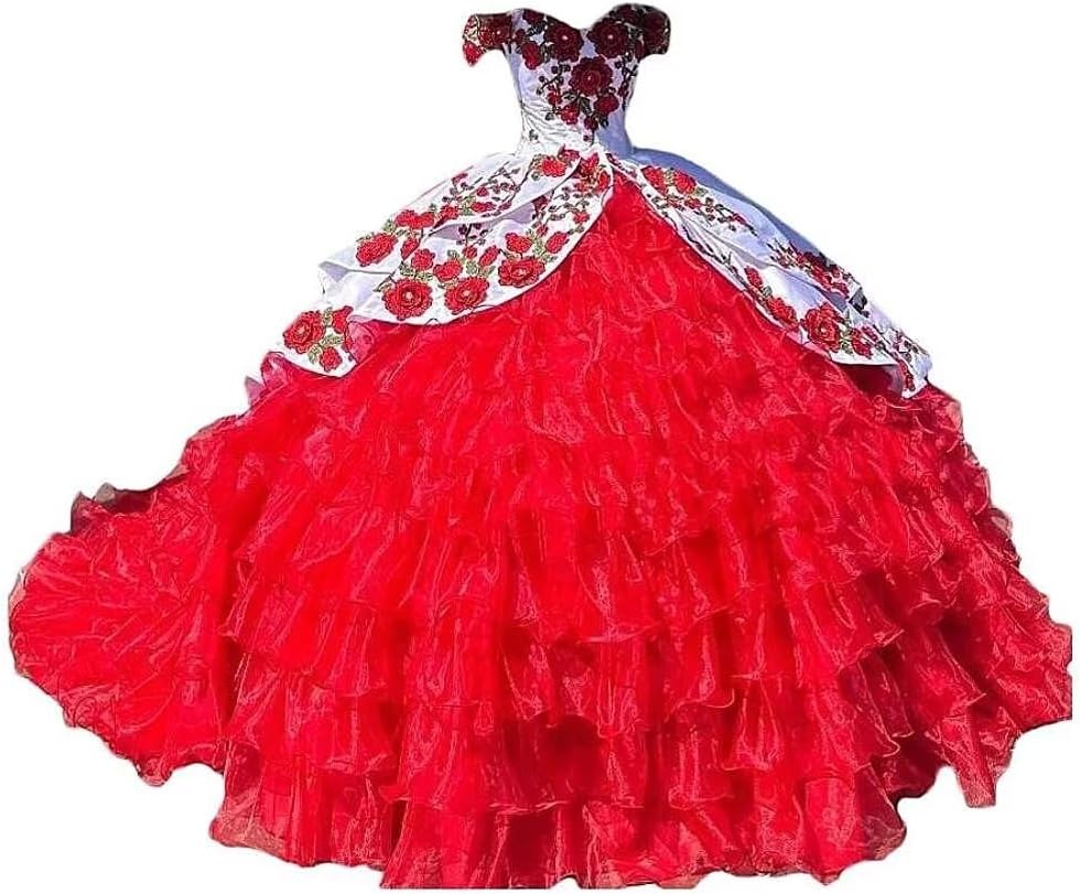 Dydsz Women's Red Flower Quinceanera Dresses Mexican Style Ruffles Ball Gown Prom Dress