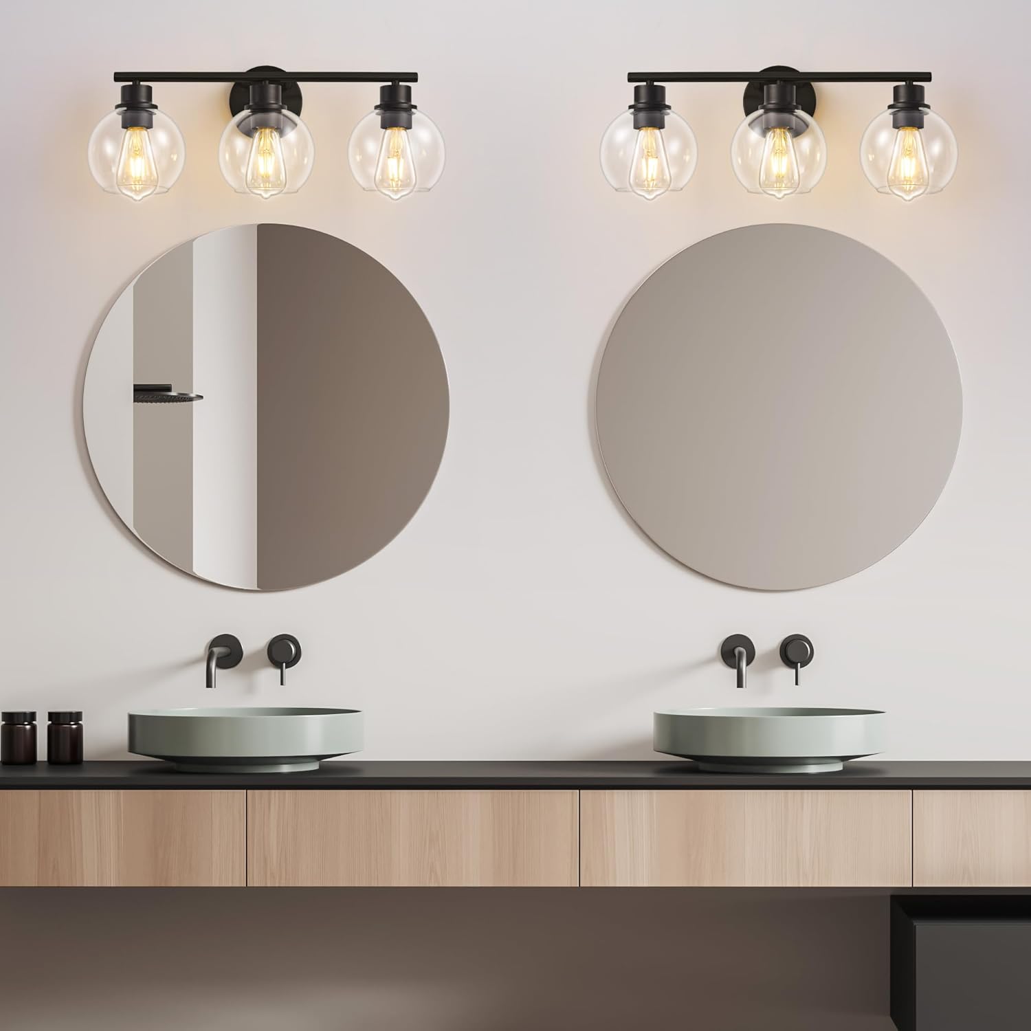 Bathroom Light Fixtures Over Mirror 3-Lights Bathroom Vanity Light with Clear Globe Glass Shade 22 inch Modern Black Vanity Lights Wall Sconce Lighting for Bath