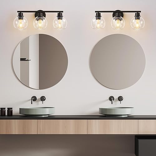 Miniatura 4 de Lámparas de baño sobre espejo, 3 luces, lámpara de tocador de baño con pantalla de vidrio transparente de 22 pulgadas, modernas luces negras de