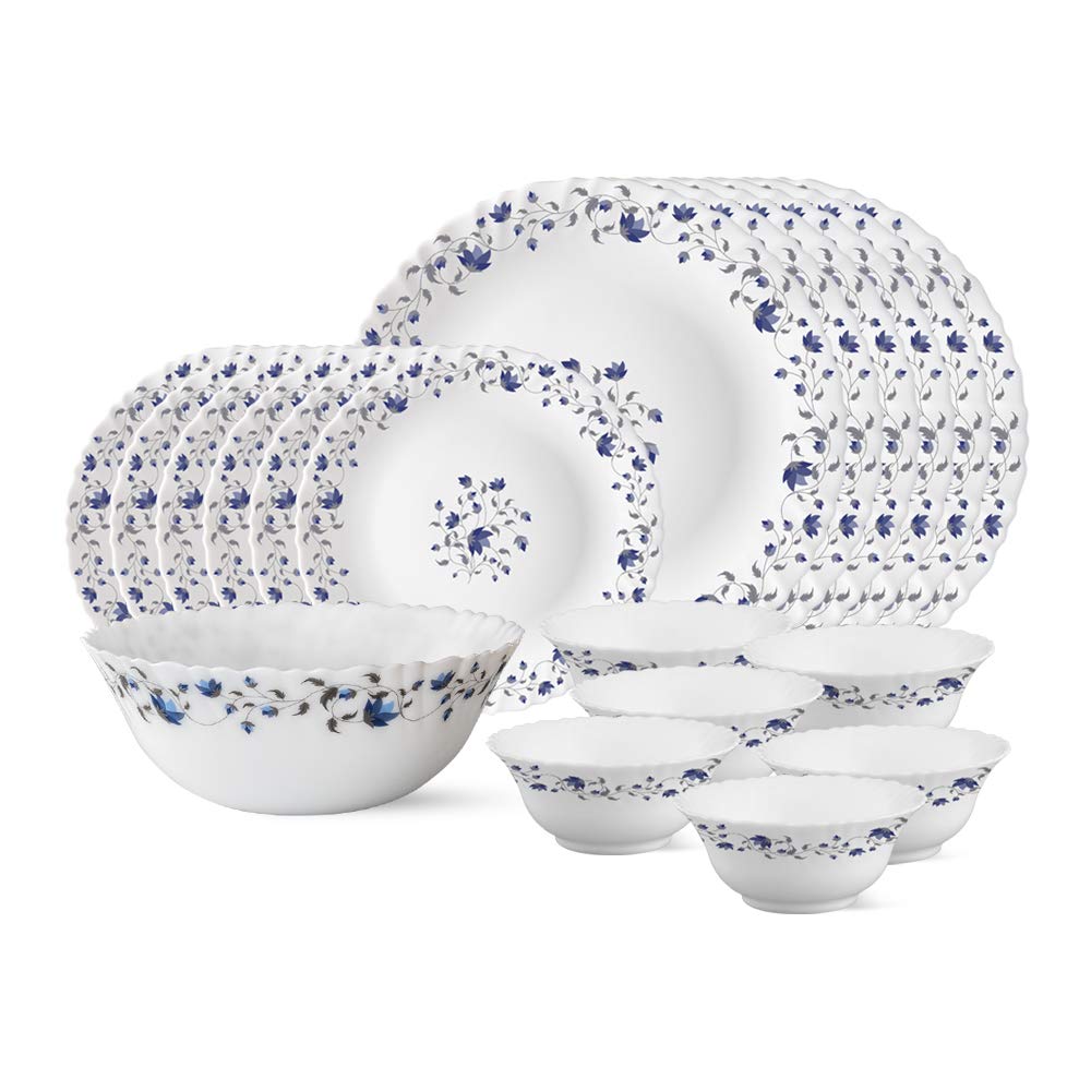 Larah by Borosil Fluted Series Helena Opalware Dinner Set | 19 Piece for Family of 6 | Microwave & Dishwasher Safe | Bone-Ash Free | Crockery Set for Dining & Gifting | Plates & Bowls | White