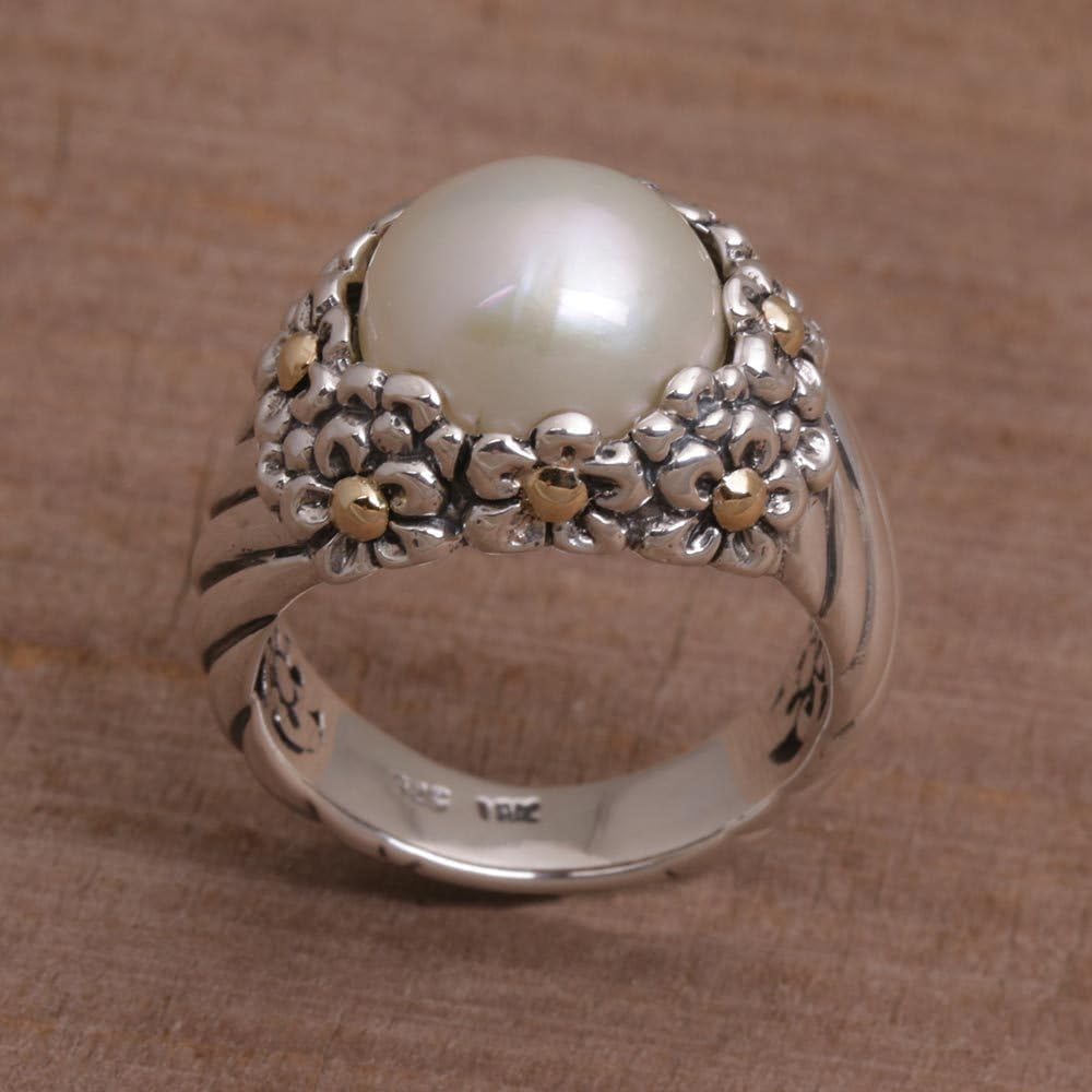 NOVICA Artisan Handmade Cultured Freshwater Pearl Gold Accent Cocktail Ring with Floral Motifs .925 Sterling Silver White Indonesia Gemstone Birthstone 'Daisy Glow'