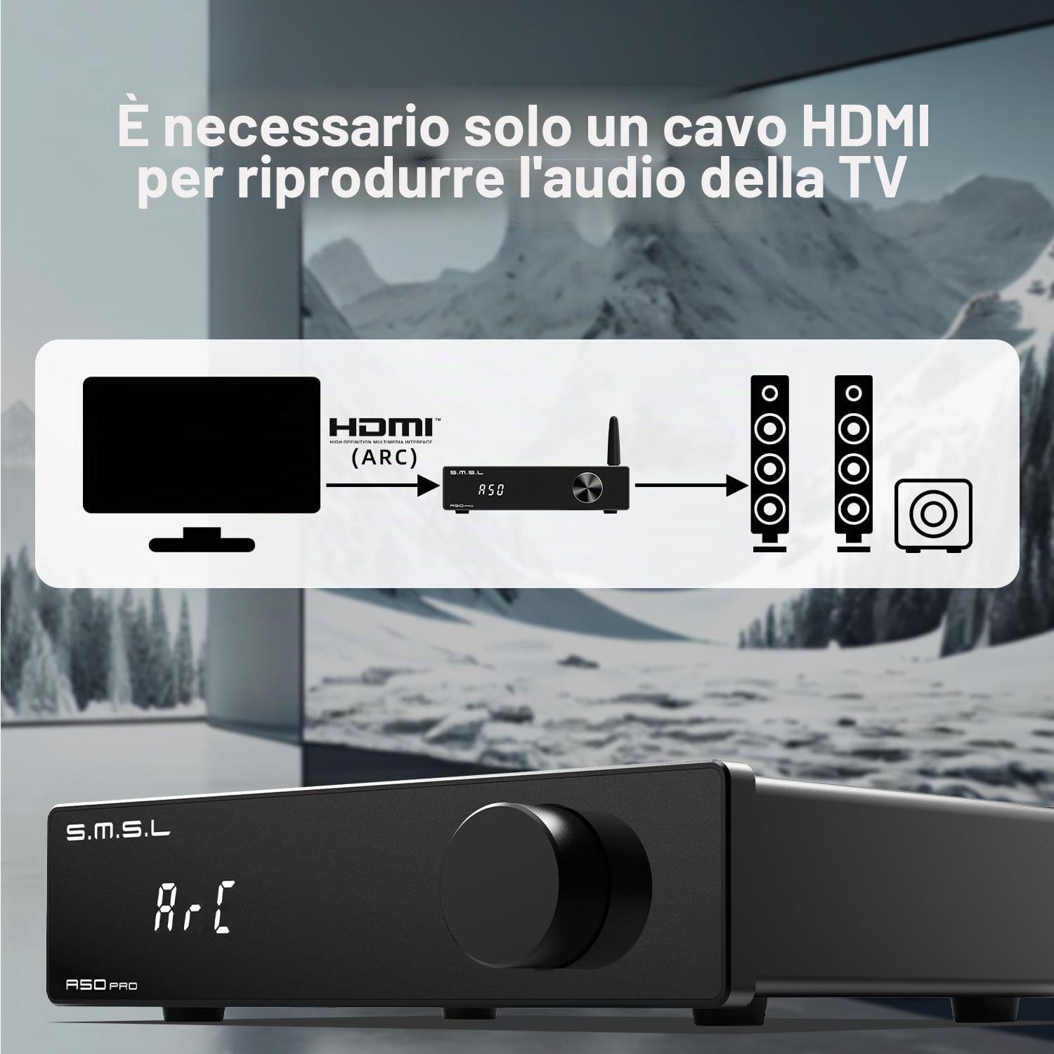 S.M.S.L Amplificatore A50Pro, LPF&HPF, amplificatore audio a 2.1 canali, potenza di uscita bassi 100 W, amplificatore audio stereo HiFi Bluetooth 5.0, supporta HDMI (ARC), subwoofer passivo, chip
