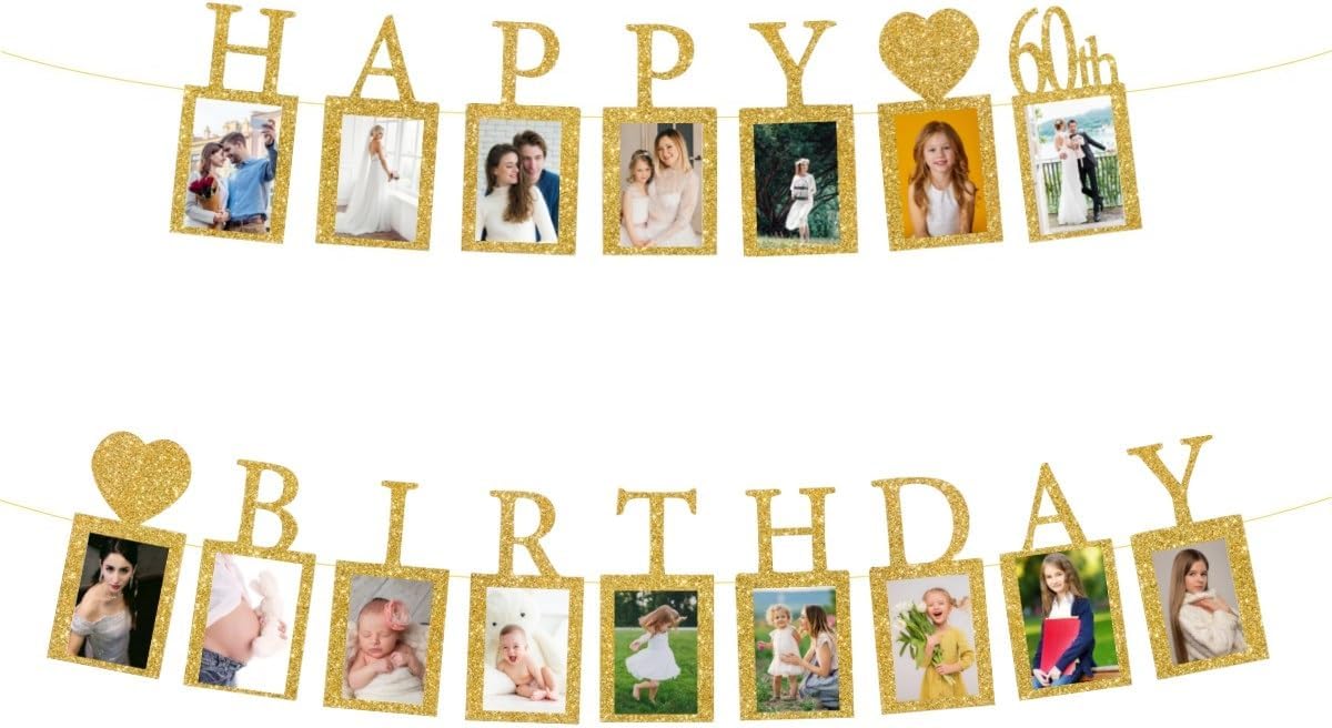 Happy 90th Birthday Photo Banner 90 Year Old Party Decorations, Ninety Birthday Picture Frame Banner 90th Photo Frame Party Supplies Bunting Decor, Gold