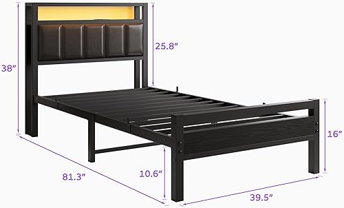 Miniatura 2 de HOJINLINERO Base de cama individual con estación de carga y luces LED, cabecera tapizada de almacenamiento, marco de cama de metal, marco de cama de