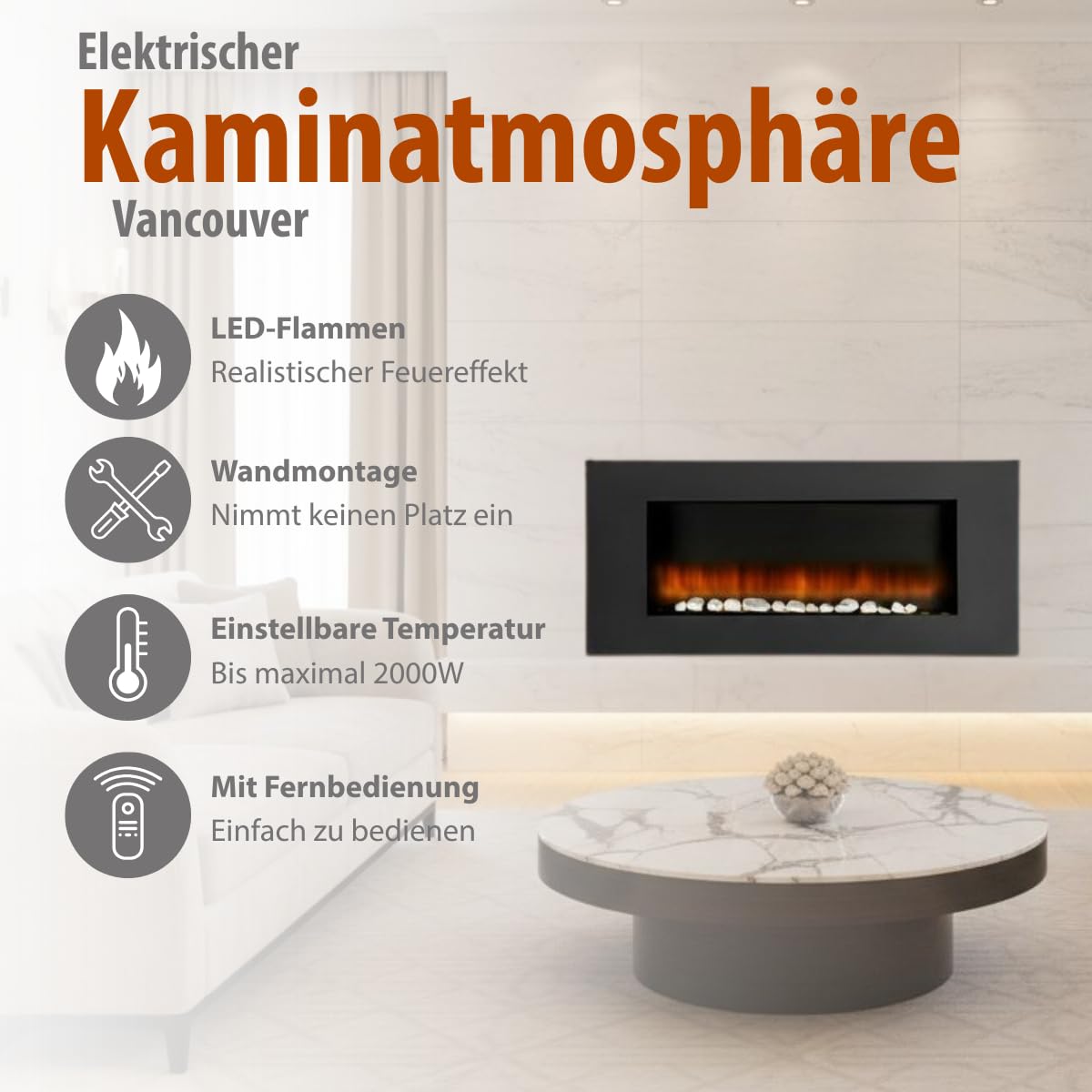 Vancouver Elektrokamin mit Heizung - Elektroheizung 105,5 x 48 x 12 cm - Elektroherd mit LED-Flammen - mit Heizung, Fernbedienung und Timer - 2000 W - Wandmontage - Schwarz