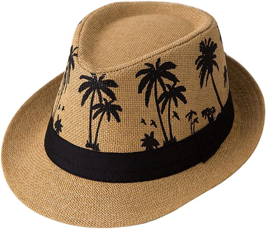 ECYC Ltd Panama Straw Hats Short Brim Fedora Straw Hat Trilby Hat Palm Tree Print Summer Beach Sun Hat Cap for Men Women