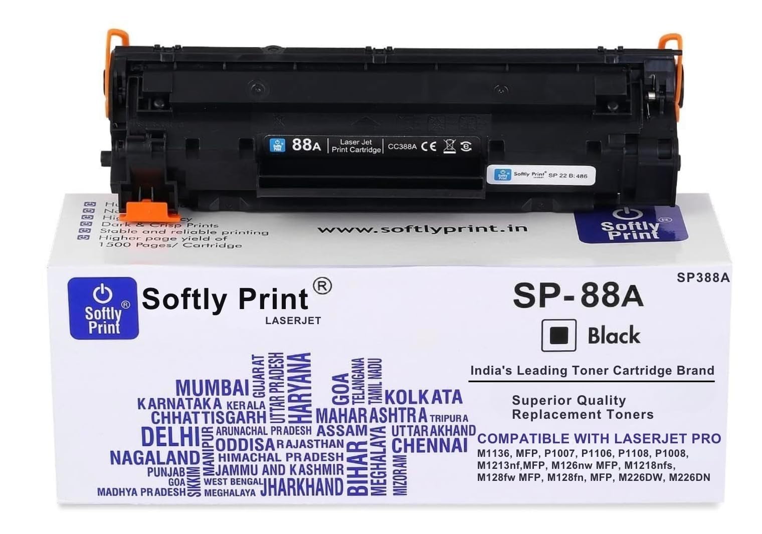 Softly Print SP 88A/CC388A Black Toner Cartridge, Compatible with HP Laserjet M1136, P1007, P1106, P1108, P1008, M126nw, M128fw, M226DW