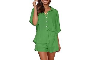 Women's Summer 2 Piece Outfits Button Down Shirt Casual Lounge Shorts Sets with Pockets