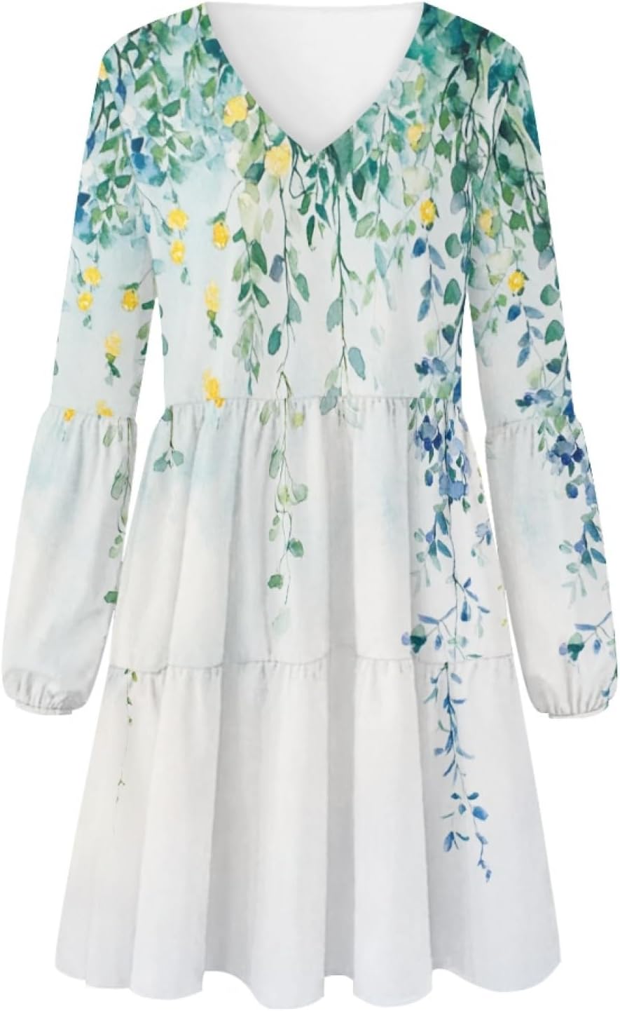 Floral Dress for Women Lantern Sleeve V Neck Plus Size Smocked Swing Flowy Ruffle Fashion Casual Holiday Midi Dress - Image 4