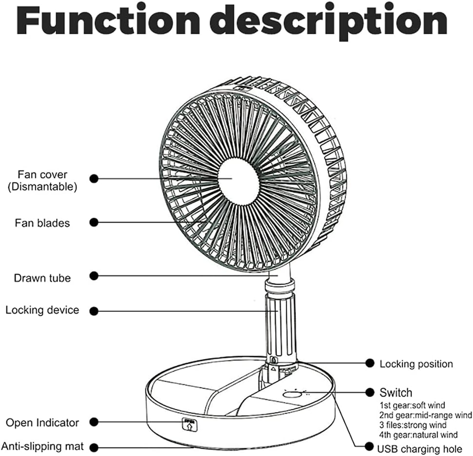 Portable Standing Fan Battery Rechargeable Up/Down Adjustable Stretching USB Desktop Fan for Bedroom Office Dorm
