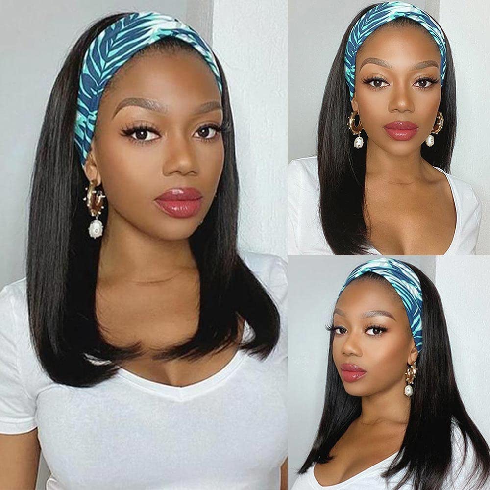 AISI Bob Headband Wig Human Hair Short Wigs for Black Women Straight 150% Density (16 Inch)