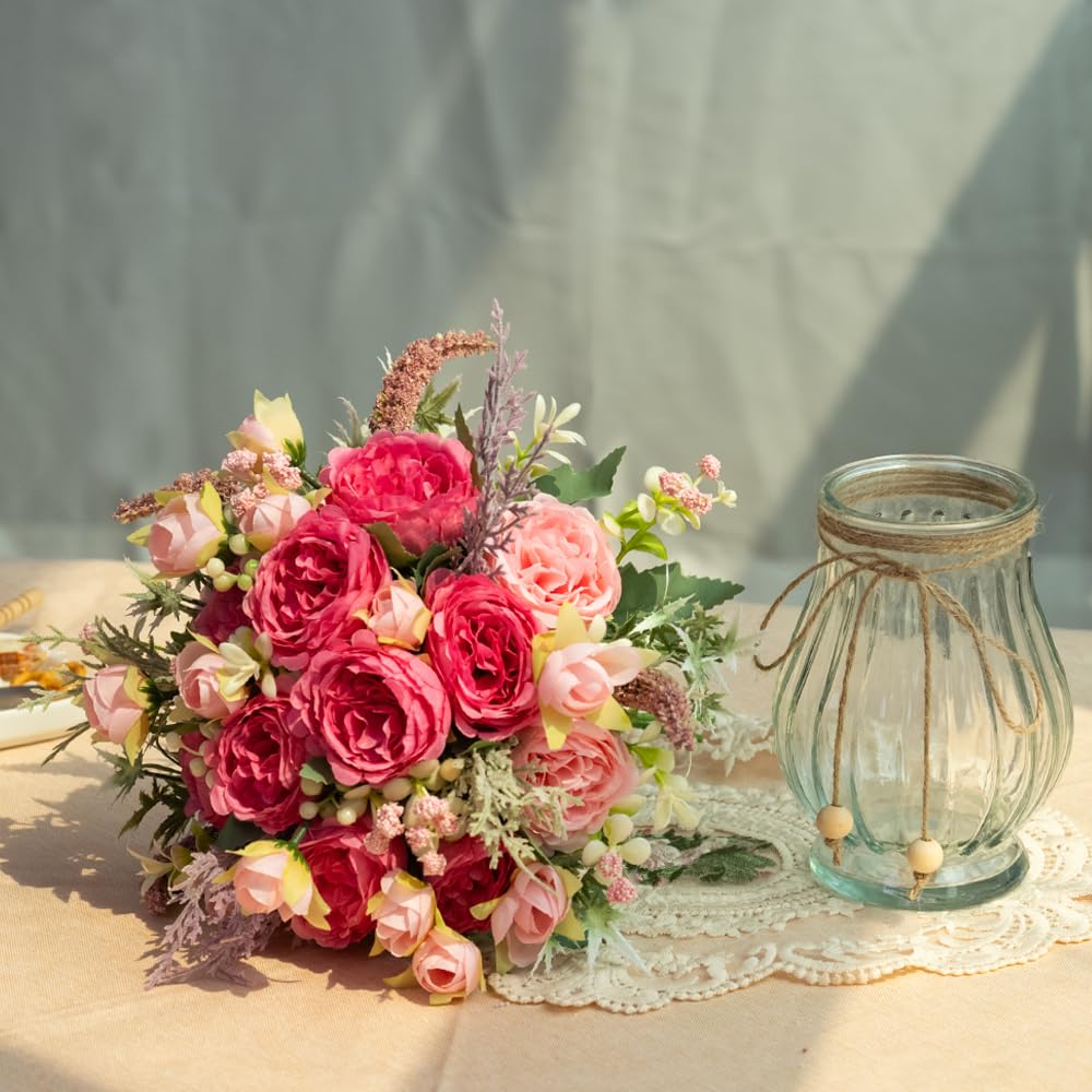 JARELING Artificial Peonies Silk Flowers Bouquet in Glass Vase Faux Flowers Bouquets Modern Penoy Arrangement for Home Decoration Table Centerpiece (