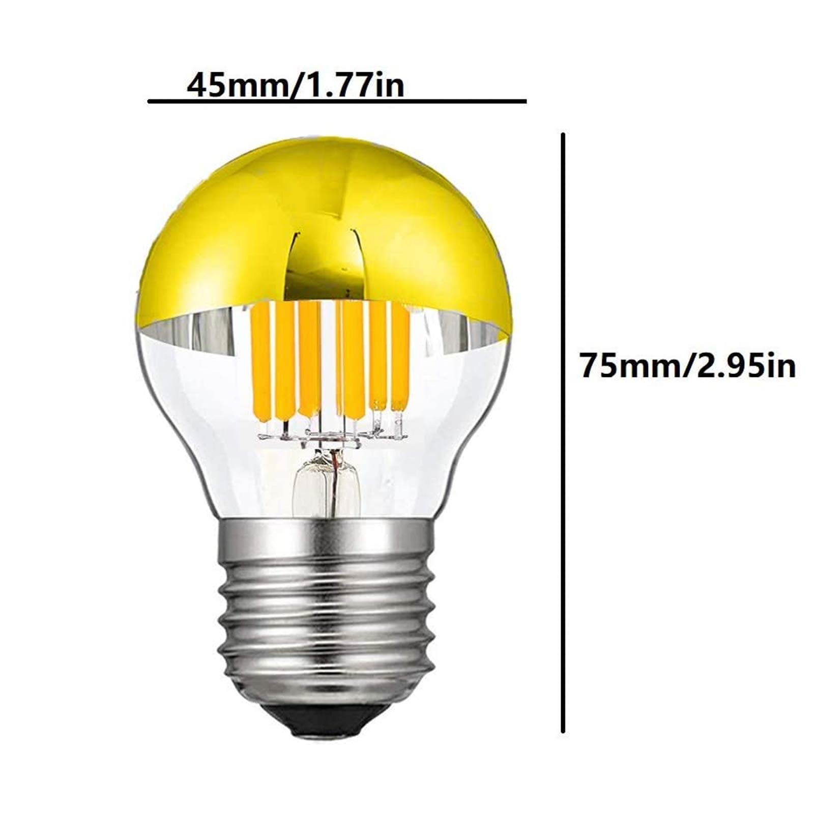 G45 G14 Globe Halbchrom-Glühbirne, 6 W, dimmbar, G45, goldfarben, verspiegeltes Licht, entspricht 60 W, Warmweiß, 2700 K Goldspitze, Spiegel-Glühbirne, E26, E27-Sockel, dekorative LED-Edison-Glühbirne