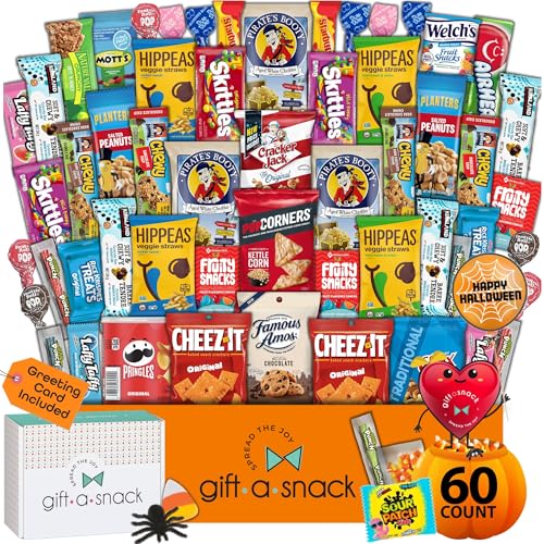 Image of Gift A Snack - Halloween Candies Trick or Treats, Snack Box Care Package + Greeting Card (60 Count) Sweet Treats Gift Basket, Corn Candy Scary Spiders Stuffers Chips - Office Food Assortments