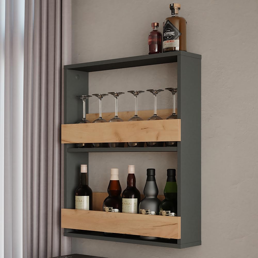 Vicco Weinglasregal Repose, Goldkraft Eiche/Anthrazit, 60 x 72 cm, zur Wandmontage mit Halterungen für bis zu 8 Weingläser