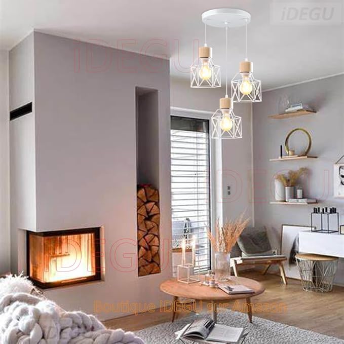 iDEGU iDEGU Hanglampen, vintage, industriële kroonluchter, van hout, metaal, retro, plafondlamp, kooi-design, E27, plafondverlichting voor woonkamer, slaapkamer, keuken (wit, hout, cirkel) photo 2
