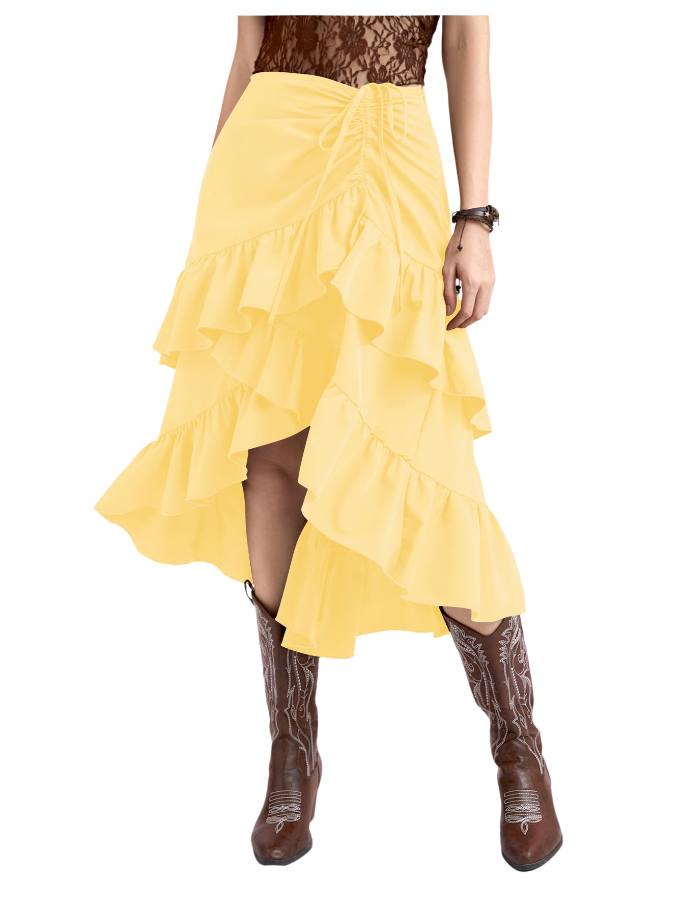 MakeMeChic Womens Western Cowboy Chic Asymmetrical Midi Skirts Ruffle High Low Skirts Boho Flowy Tiered Drawstring Skirts