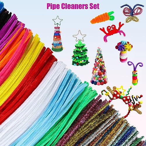 1200 Pcs Pipe Cleaners Craft Set, Multi-Color Chenille Stems 200 Pcs Pipe Cleaners Bulk 400 Pcs Pom Poms 200 Wiggle Eyes Craft Supplies (6 mm x 12 Inch)