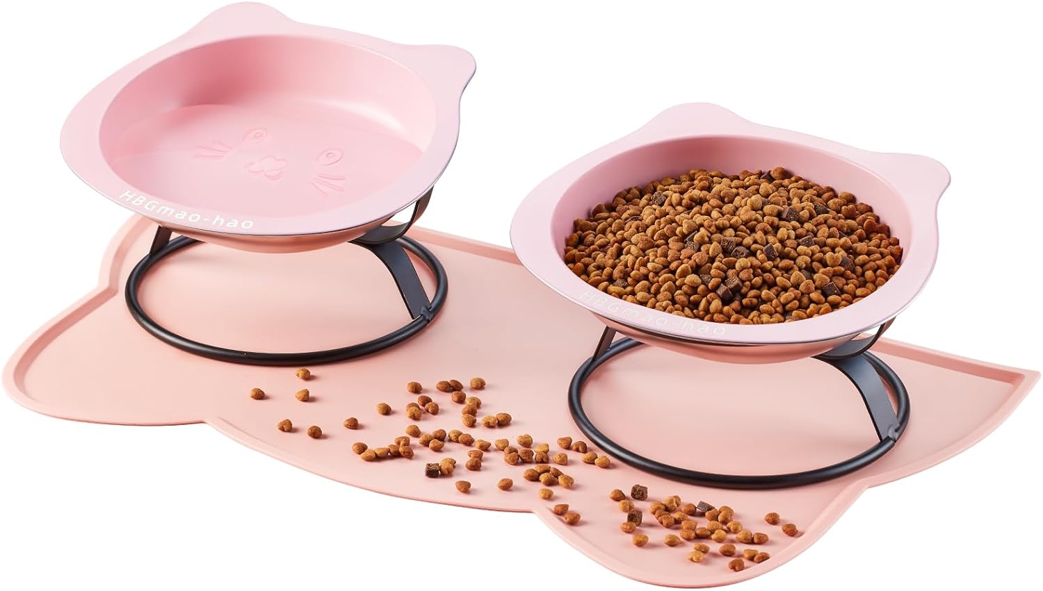 Elevated Cat Bowls with Food Mat & Metal Stand - 7.1" Wide Stainless Steel Whisker Friendly Dishes, 15° Tilt for Cats/Kittens/Small Dogs, Indoor/Outdoor & Travel Use (2-Pack) HBGmao-hao (Pink)
