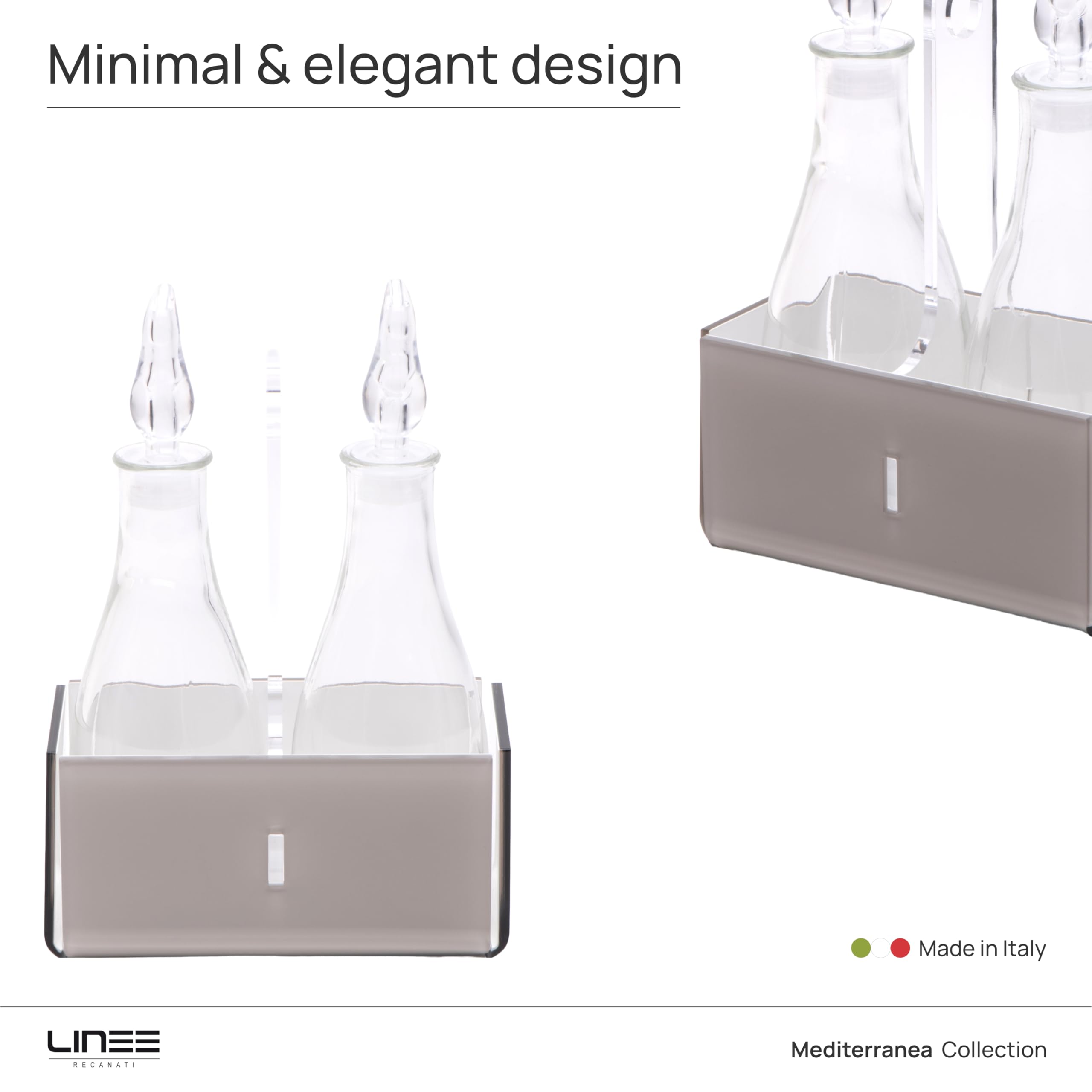LINEE Recanati MEDITERRANEA Porta Olio e Aceto – Set Condimento in PMMA e Vetro 18x10x23 cm – Eleganza Contemporanea per la Tavola – Made in Italy (Sabbia Trasparente/Bianco)