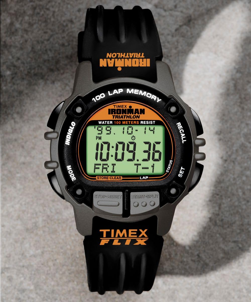 Timex TW5M63200 Ironman Flix 100 Lap Herren-Armbanduhr, 42 mm, schwarzes PU-Armband mit Digitalanzeige