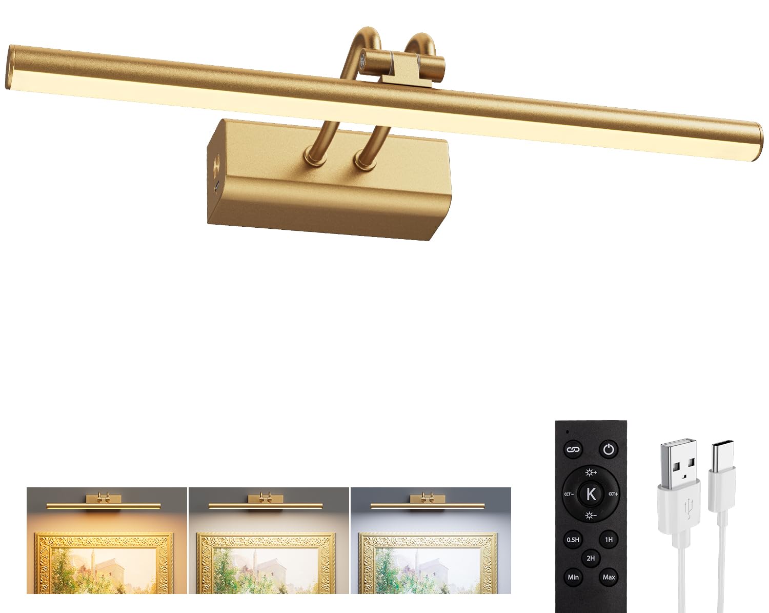 Picture Light for Wall, Gold, RF Remote, USB Charging