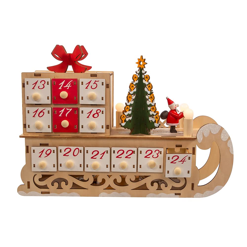 Kurt S. Adler Kurt Adler Adventskalender, batteriebetrieben, 6 LEDs, Weihnachtsmann-Schlitten, 21,6 cm, Hellbraun