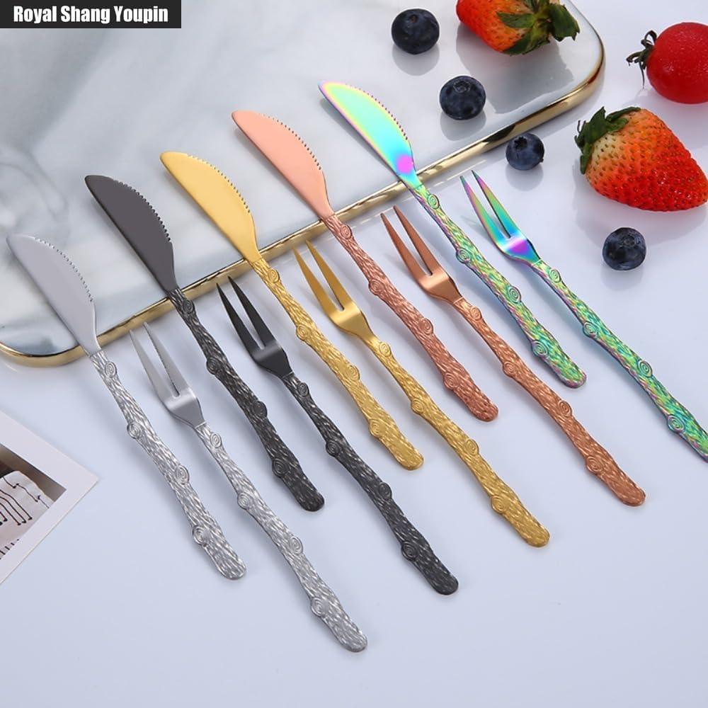 (10 Pieces) Branch Stainless Steel Mooncake Knife and Fork Fruit Fork Knife and Fork Set Dessert Mooncake Knife and Fork (Rose Gold)