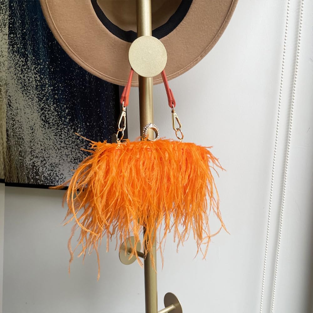 Women Ostrich Feather Purse Ostrich Tote Bag Fluffy Feather Purse Fringe Clutch Evening Handbag for Party Prom Orange - Image 3