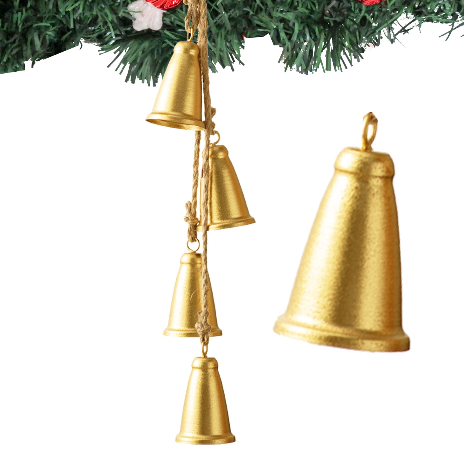 Christmas Bells, Gold Cow Bells Decor Indoor, 4-PCS Rustic Brass Vintage Hanging for Christmas Tree Decoration, Door Knob (Cone)