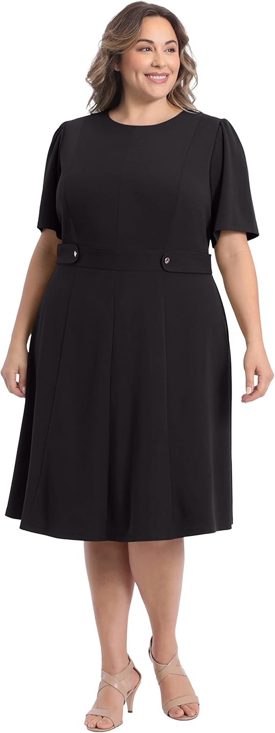 London Times Womens Knit Eyelet Short Sleeve Crepe Inset Waist Midi with Button Detail - Image 5