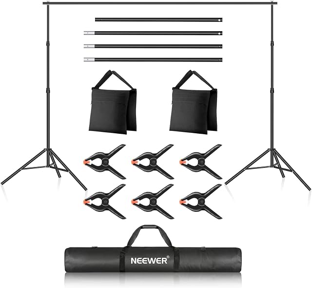 NEEWER Backdrop Stand 10ft x 7ft, Adjustable Photo Studio Backdrop Support System for Wedding Parties Background Portrait Photography with 4 Crossbars, 6 Clamps, 2 Black Sandbags and Carrying Bag
