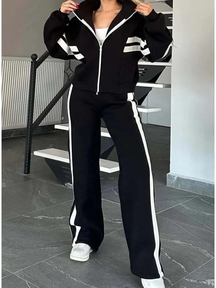 Ensemble 2 pièces sport pour femme, sweat rayé à capuche et pantalon large décontracté